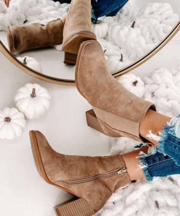 Miss Popular Square Toe Faux Suede Booties (Taupe) · NanaMacs