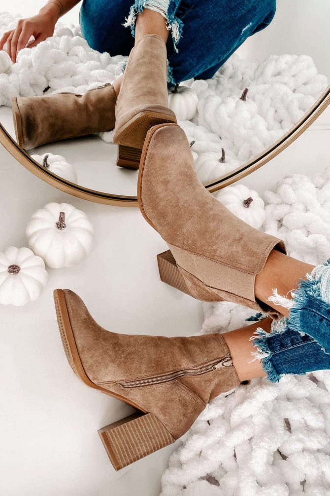 Miss Popular Square Toe Faux Suede Booties (Taupe) · NanaMacs