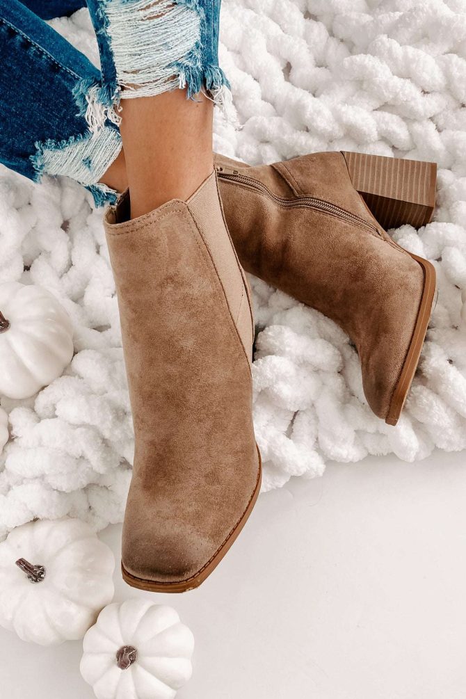 Miss Popular Square Toe Faux Suede Booties (Taupe) · NanaMacs - Image 2