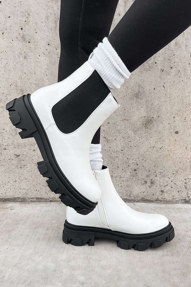 Tia Contrast Knit Lug Sole Chelsea Boots (White Pu) · NanaMacs - Image 2