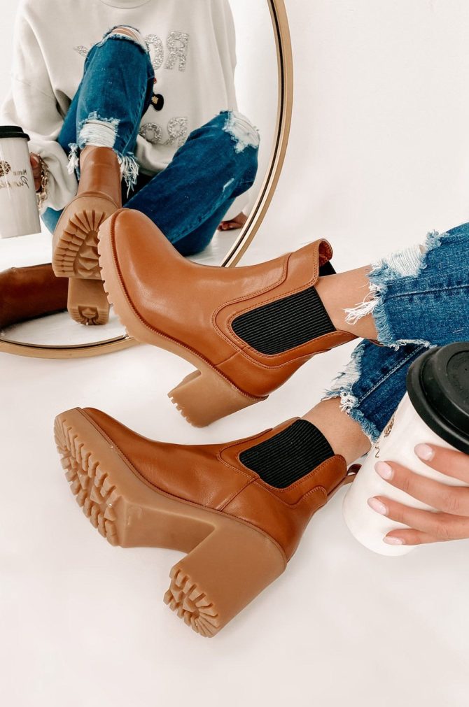 Zafrina Chunky Faux Leather Platform Bootie (Camel) · NanaMacs