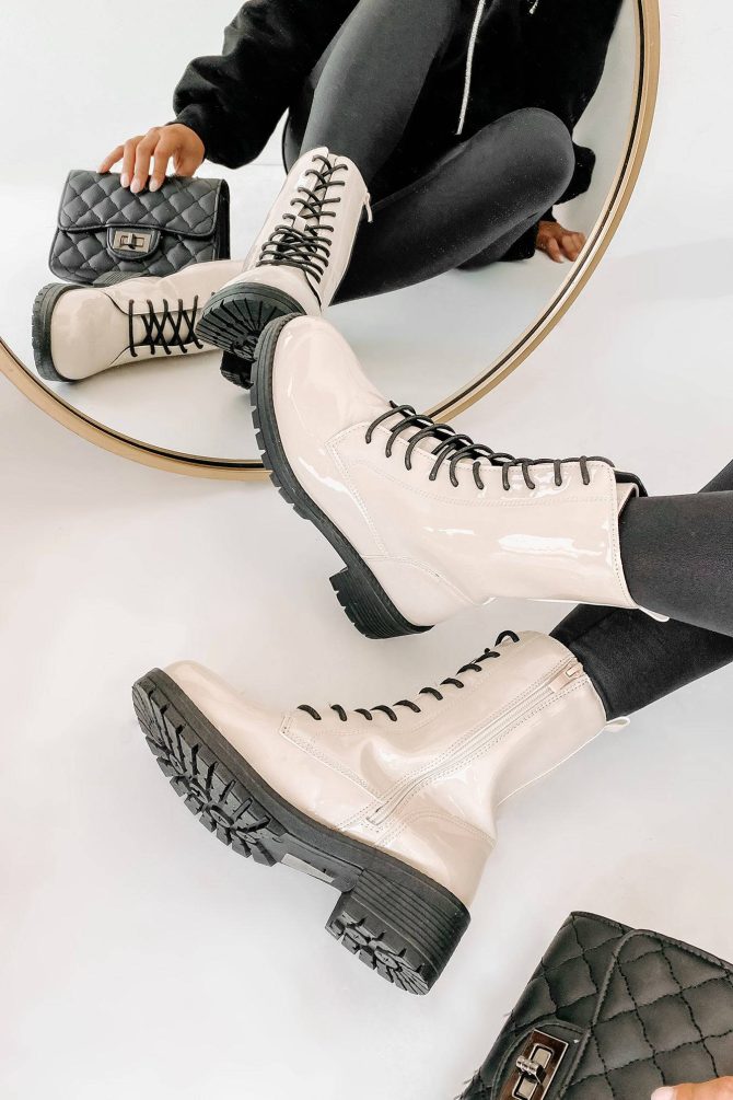Rules Don't Apply Patent Leather Lace-Up Combat Boots (Stone Patent) · NanaMacs