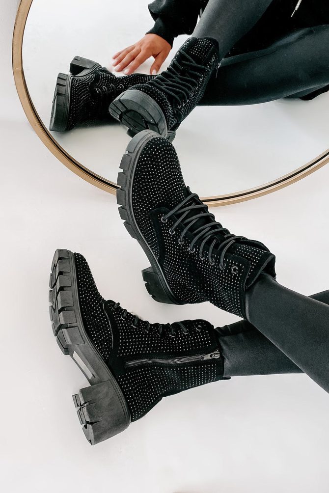 Spunky Sweetie Rhinestone Combat Boots (Black) · NanaMacs