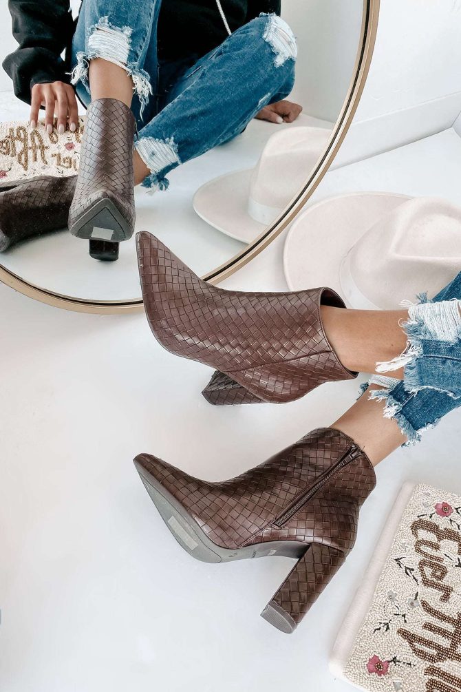 Tabby Faux Leather Woven Textured Booties (Brown) · NanaMacs - Image 4