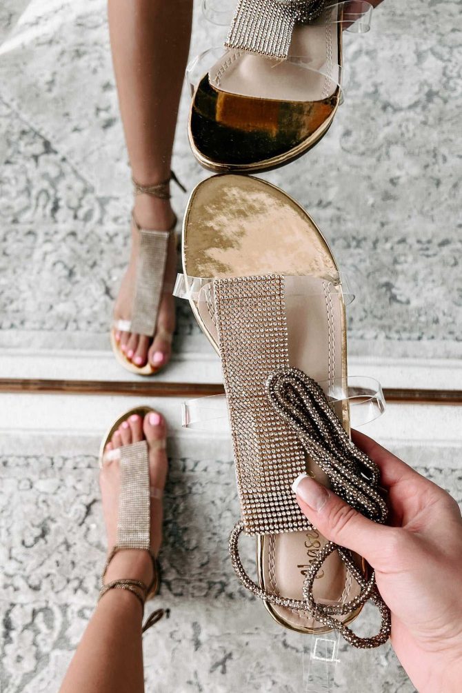 Superiority Complex Rhinestone Ankle Wrap Sandals (Gold Metallic) · NanaMacs - Image 2