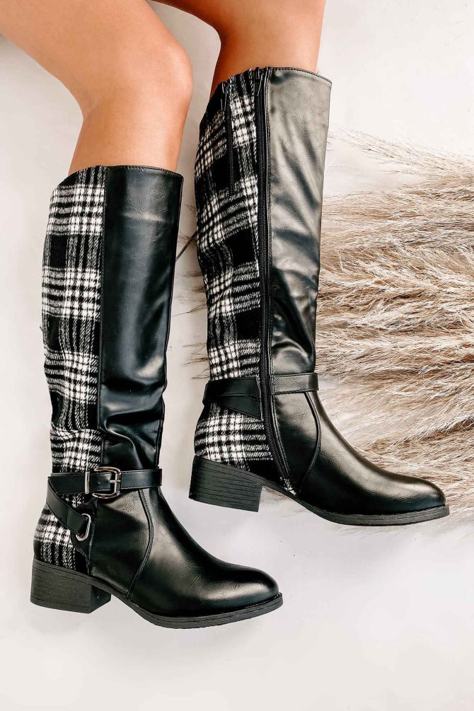 Master Of The Hunt Plaid Knee High Boots (Black/White) · NanaMacs - Image 2