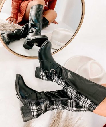 Master Of The Hunt Plaid Knee High Boots (Black/White) · NanaMacs