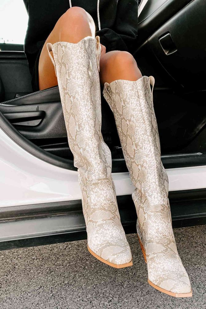 Wicked Thoughts Tall Snake Print Boots (Cream Python) · NanaMacs - Image 4