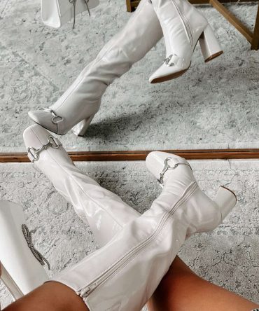 One Woman Show Patent Leather Buckle Detail Boots (Bone) · NanaMacs
