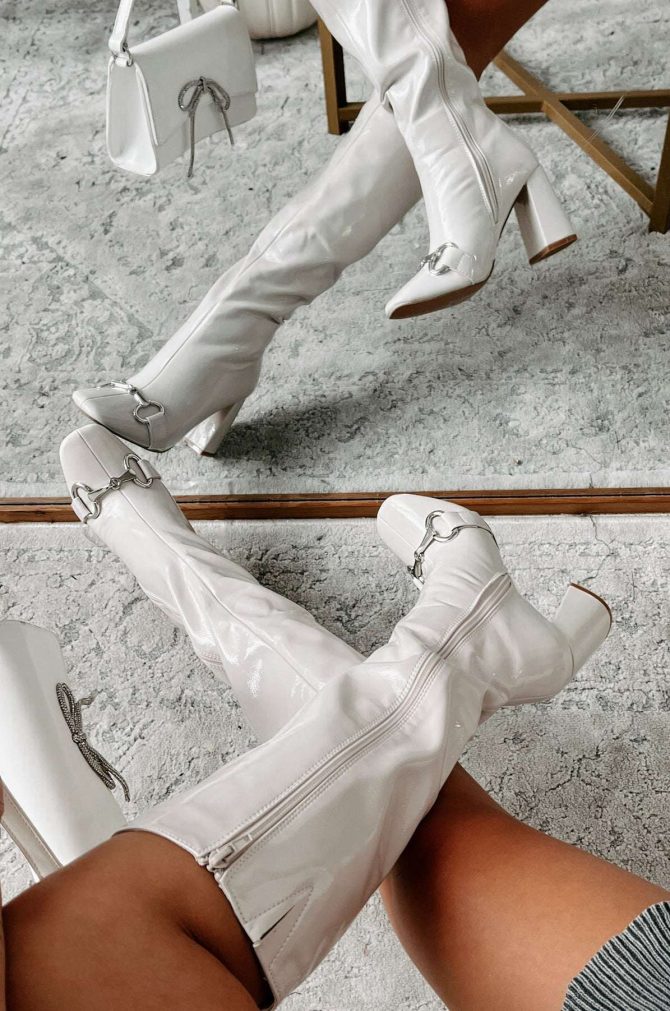 One Woman Show Patent Leather Buckle Detail Boots (Bone) · NanaMacs