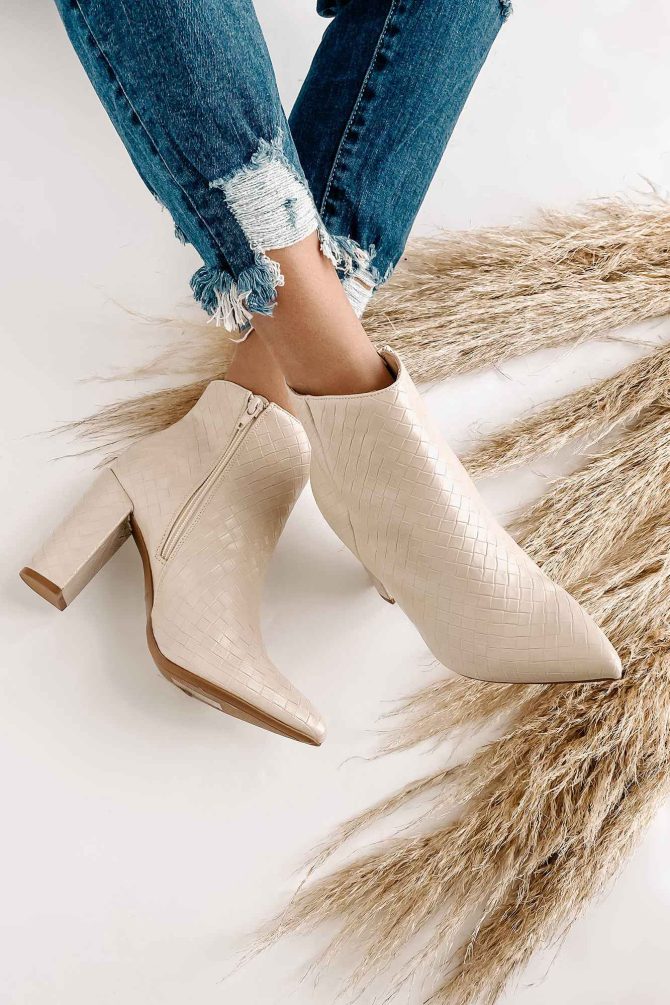 Tabby Faux Leather Woven Textured Booties (Ivory) · NanaMacs - Image 2