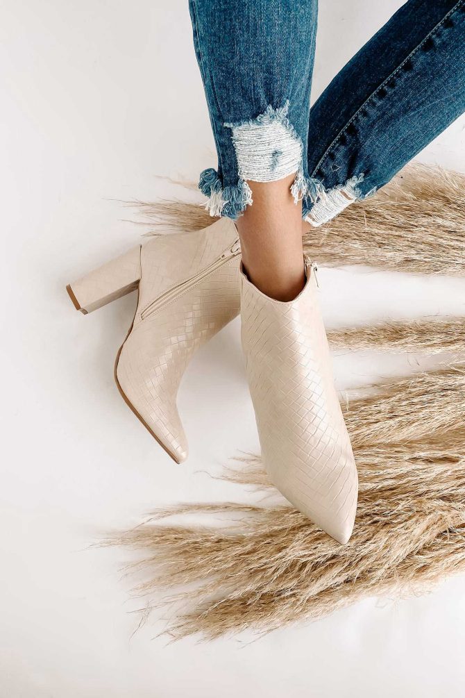 Tabby Faux Leather Woven Textured Booties (Ivory) · NanaMacs - Image 4