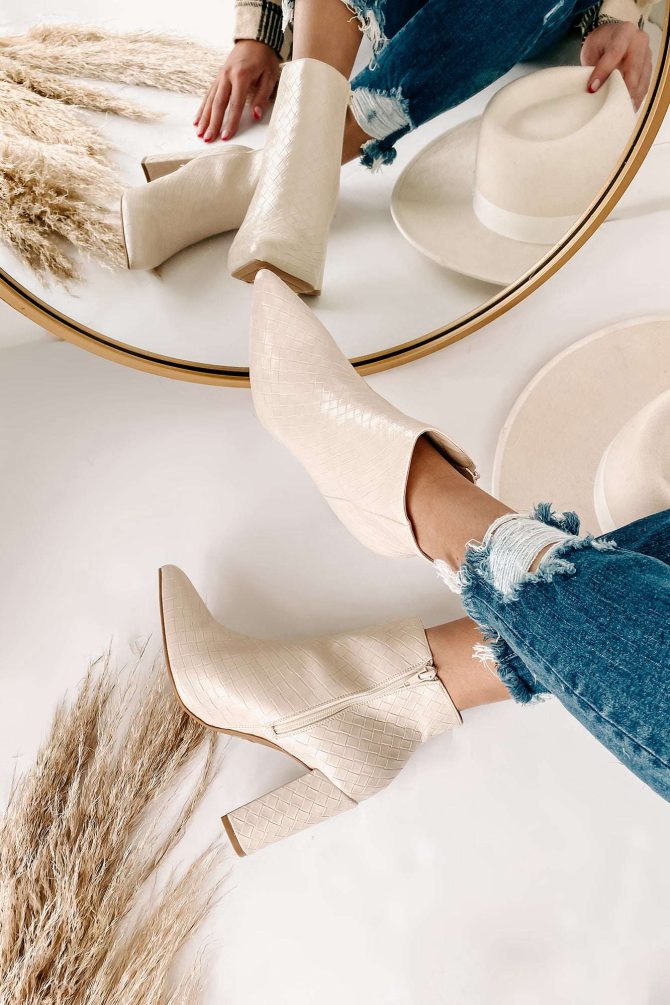 Tabby Faux Leather Woven Textured Booties (Ivory) · NanaMacs