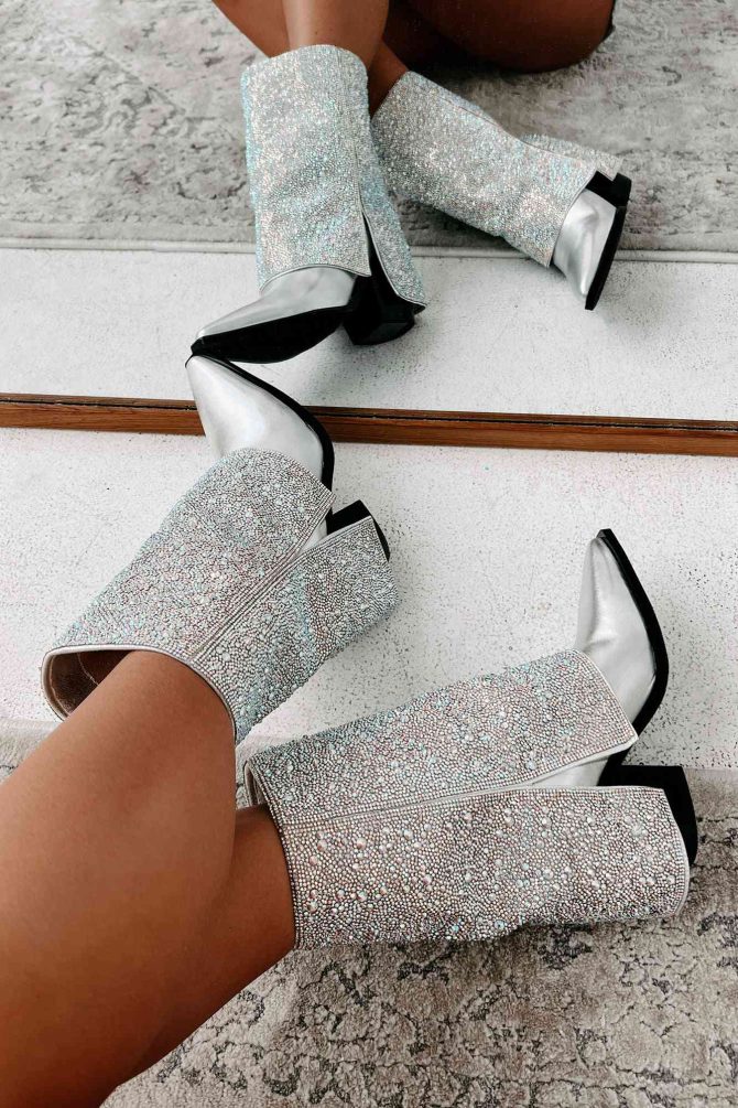 Annabelle Rhinestone Fold-Over Boots (Silver Metallic) · NanaMacs - Image 4