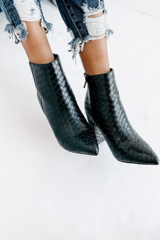 Tabby Faux Leather Woven Textured Booties (Black) · NanaMacs - Image 2