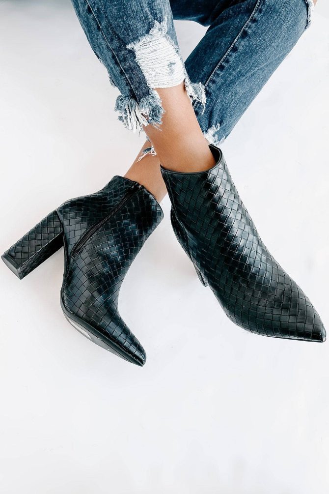 Tabby Faux Leather Woven Textured Booties (Black) · NanaMacs - Image 4