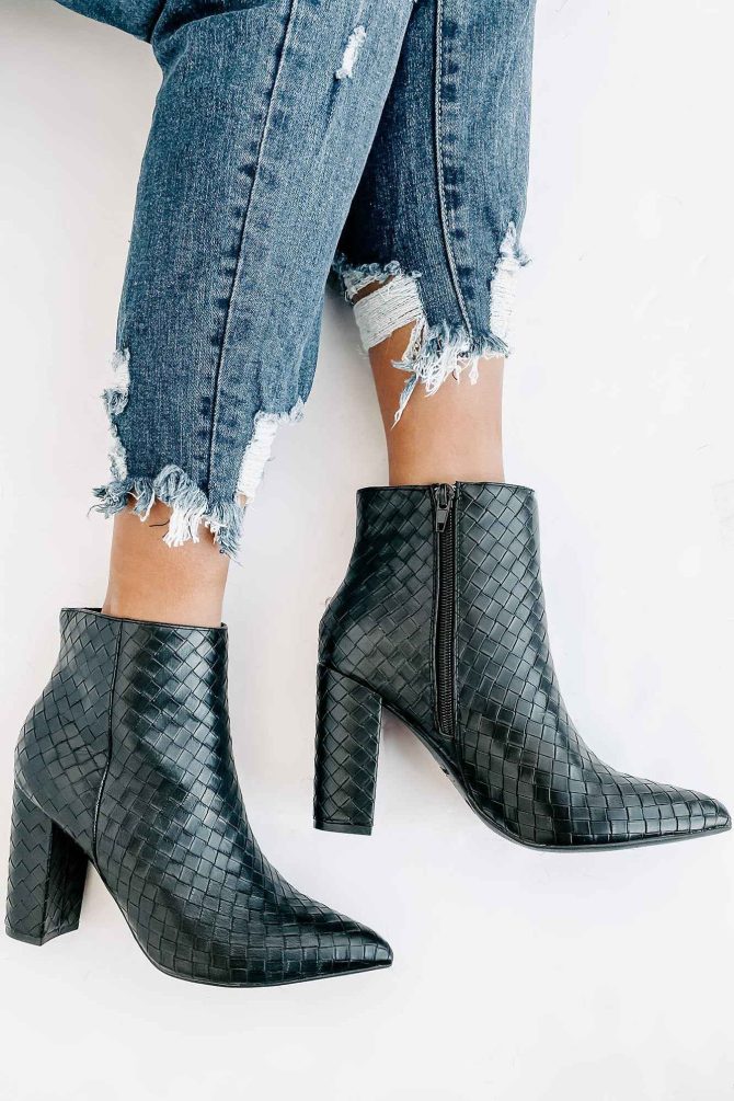 Tabby Faux Leather Woven Textured Booties (Black) · NanaMacs - Image 3