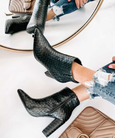Tabby Faux Leather Woven Textured Booties (Black) · NanaMacs