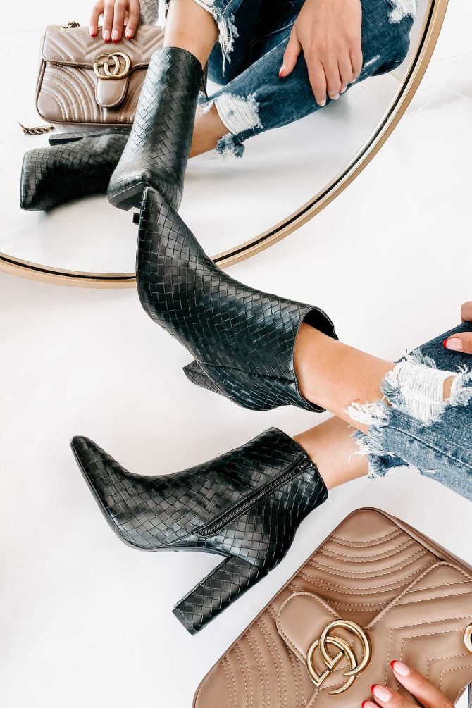 Tabby Faux Leather Woven Textured Booties (Black) · NanaMacs