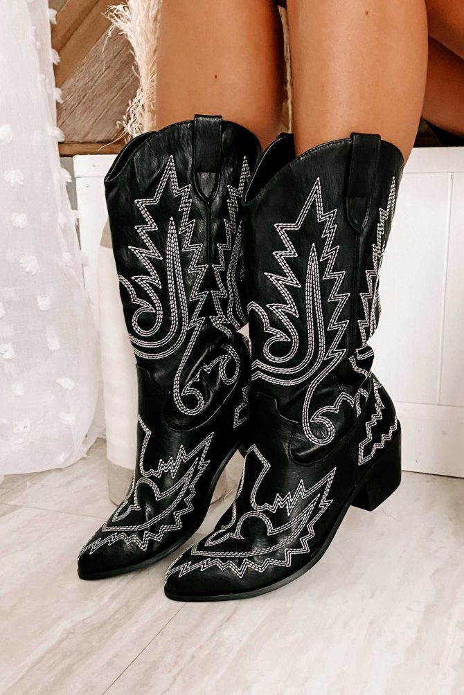 Raised Right Contrast Stitched Cowboy Boots (Black/White) · NanaMacs - Image 3