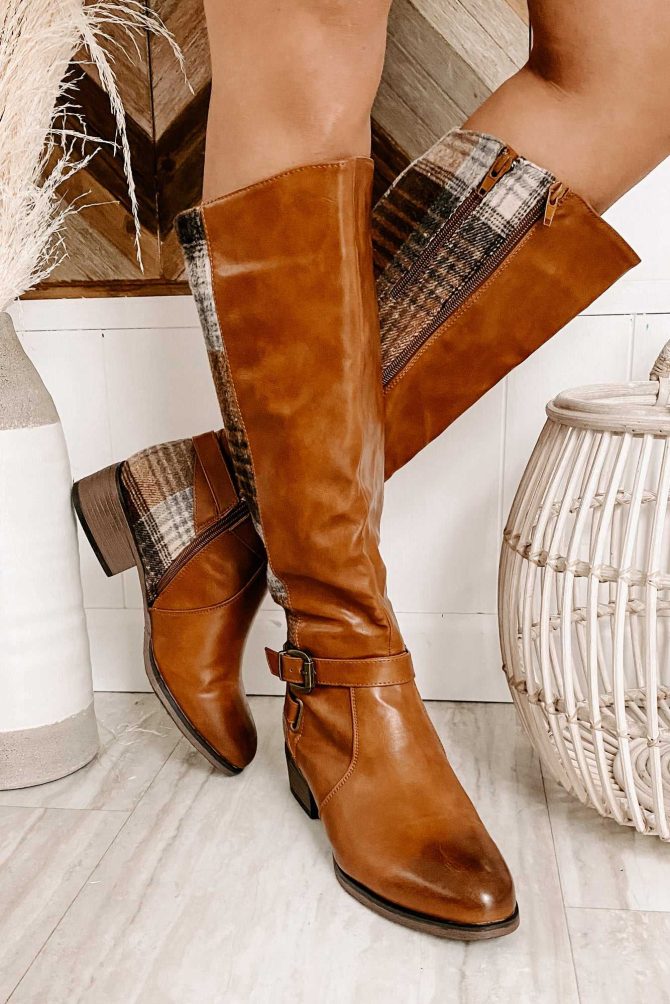 Master Of The Hunt Plaid Knee High Boots (Tan) · NanaMacs - Image 2