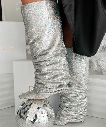 Nebula Iridescent Sequin Boots (Silver) · NanaMacs