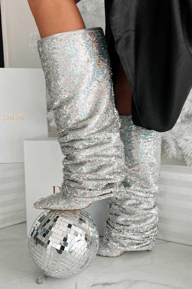 Nebula Iridescent Sequin Boots (Silver) · NanaMacs