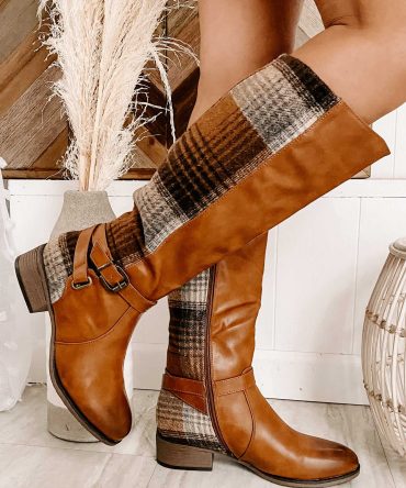 Master Of The Hunt Plaid Knee High Boots (Tan) · NanaMacs