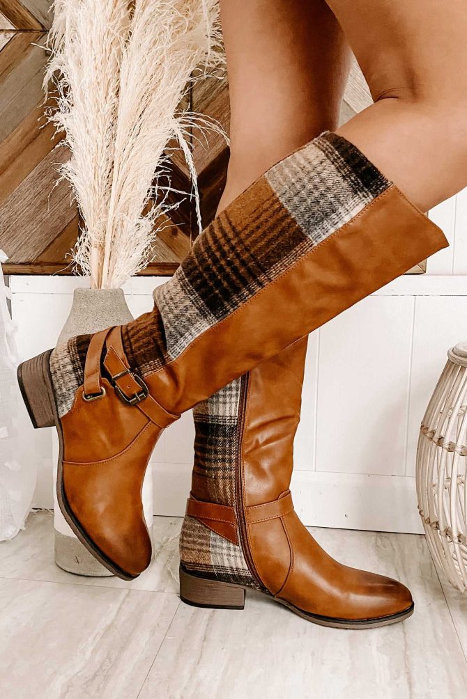 Master Of The Hunt Plaid Knee High Boots (Tan) · NanaMacs