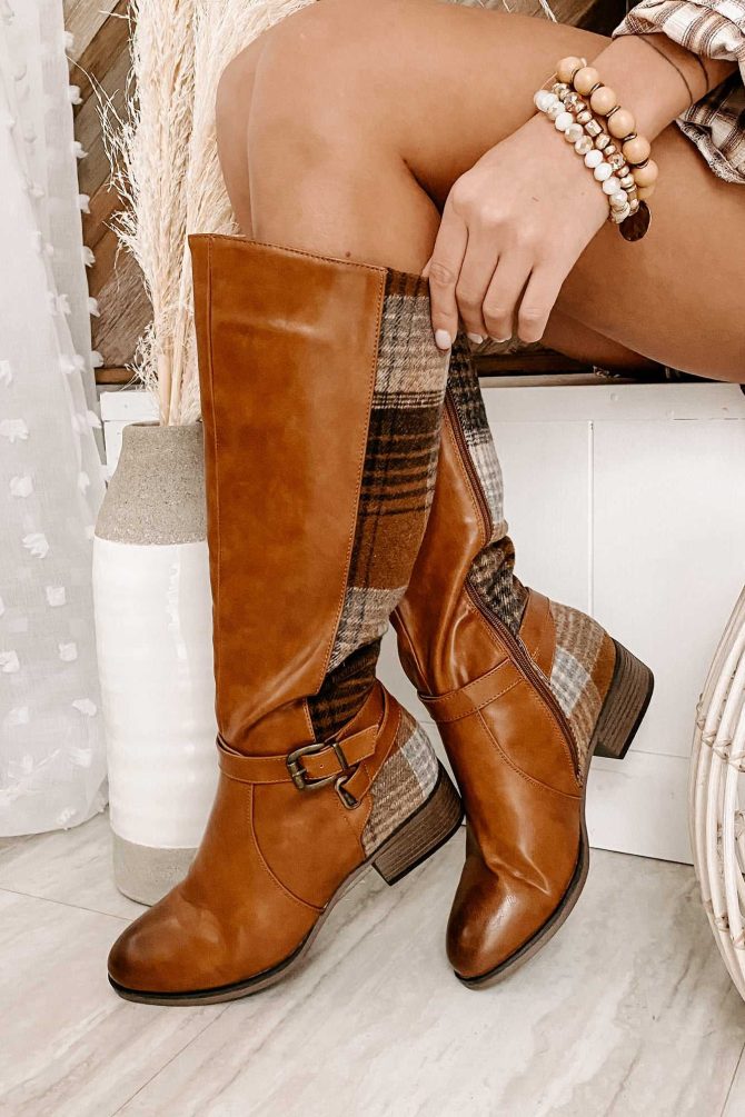 Master Of The Hunt Plaid Knee High Boots (Tan) · NanaMacs - Image 3