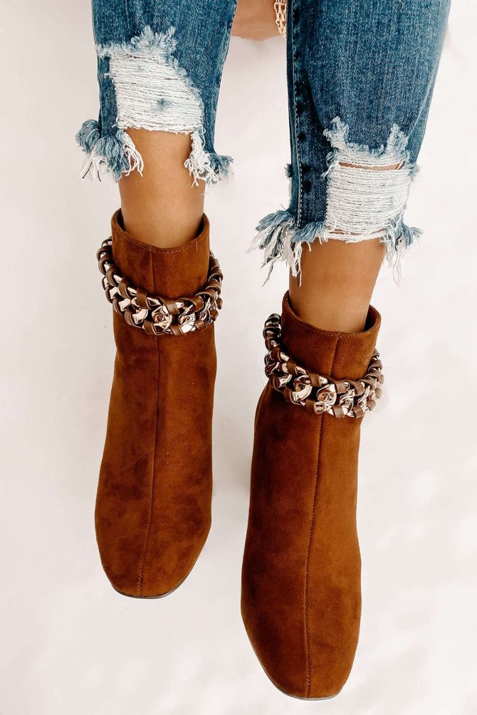 Not My Weakest Link Faux Suede Chain Detail Booties (Brown) · NanaMacs - Image 2