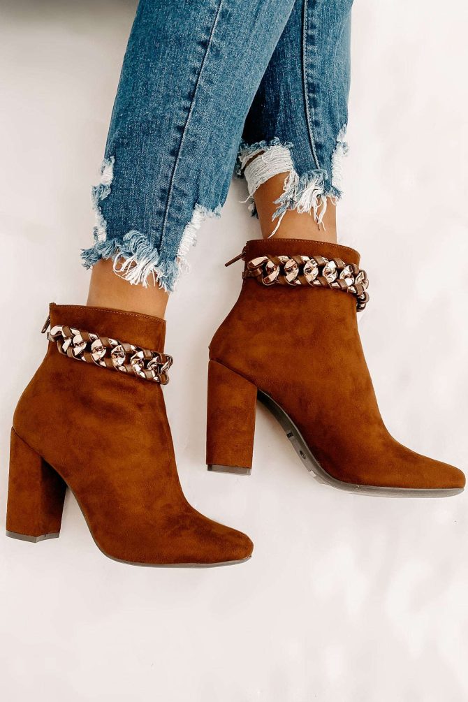 Not My Weakest Link Faux Suede Chain Detail Booties (Brown) · NanaMacs - Image 3