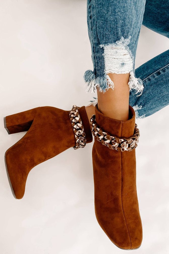 Not My Weakest Link Faux Suede Chain Detail Booties (Brown) · NanaMacs