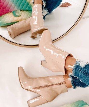 Show Up & Show Off Patent Leather Heeled Ankle Booties (Nude Patent) · NanaMacs
