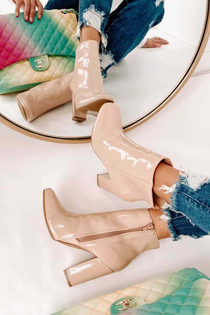 Show Up & Show Off Patent Leather Heeled Ankle Booties (Nude Patent) · NanaMacs