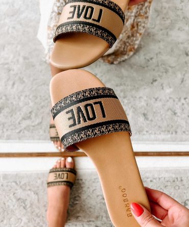 "Love" Graphic Slide Sandals (Black/Tan) · NanaMacs