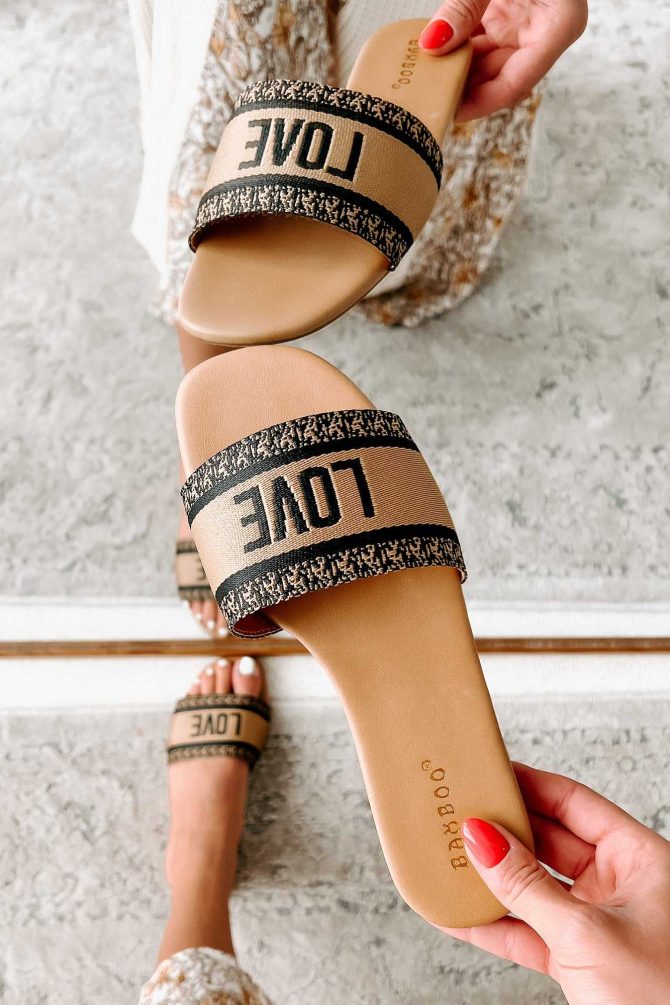 "Love" Graphic Slide Sandals (Black/Tan) · NanaMacs
