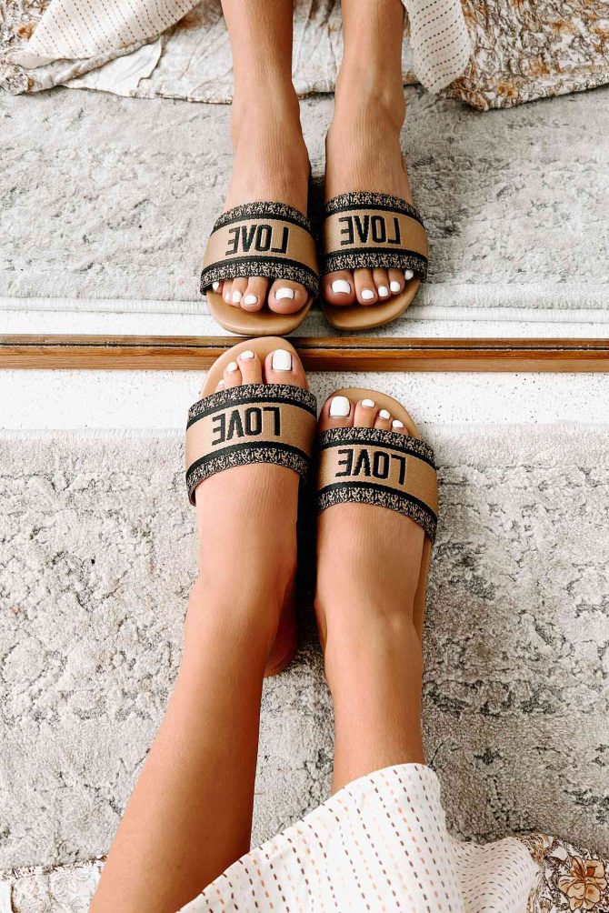 "Love" Graphic Slide Sandals (Black/Tan) · NanaMacs - Image 2