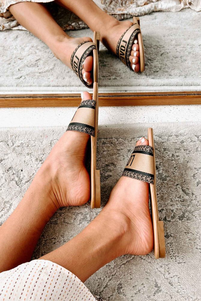 "Love" Graphic Slide Sandals (Black/Tan) · NanaMacs - Image 4