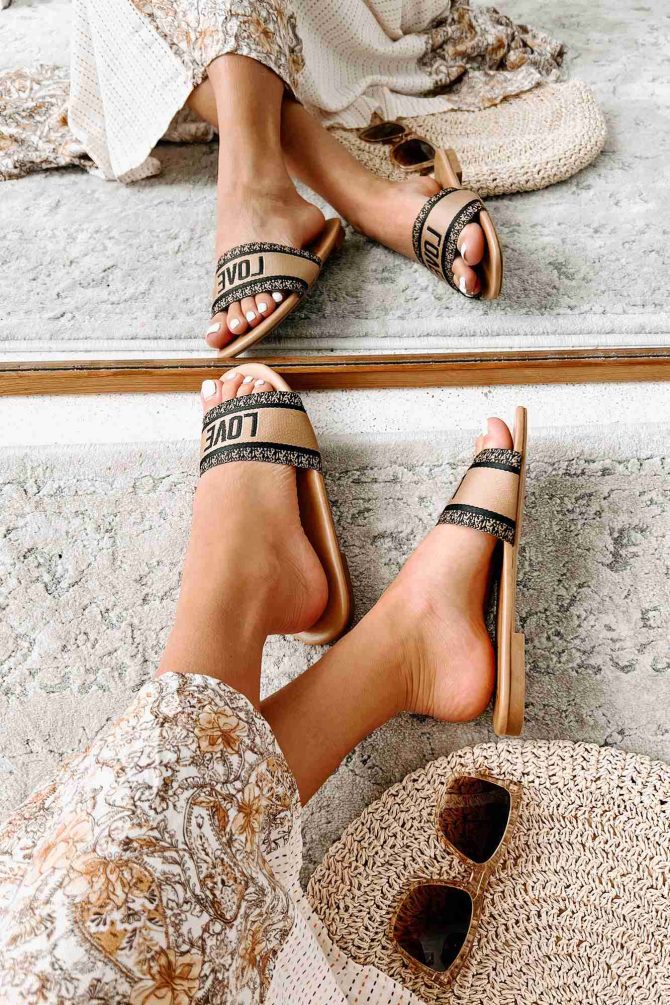 "Love" Graphic Slide Sandals (Black/Tan) · NanaMacs - Image 3