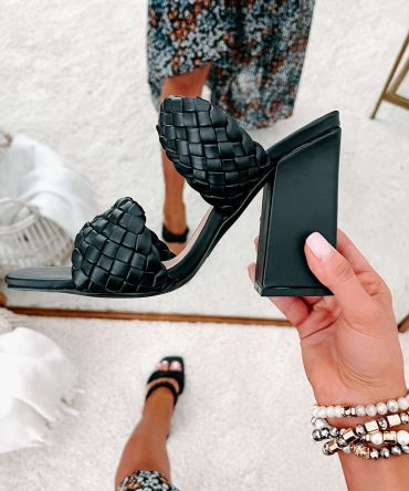 Being Exclusive Braided Strap Square Toe Heeled Sandals (Black) · NanaMacs