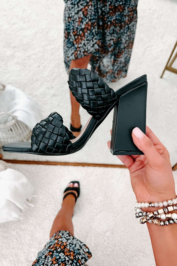 Being Exclusive Braided Strap Square Toe Heeled Sandals (Black) · NanaMacs