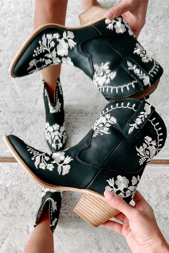 Little Bit Of Twang Floral Stitch Western Booties (Black) · NanaMacs - Image 3