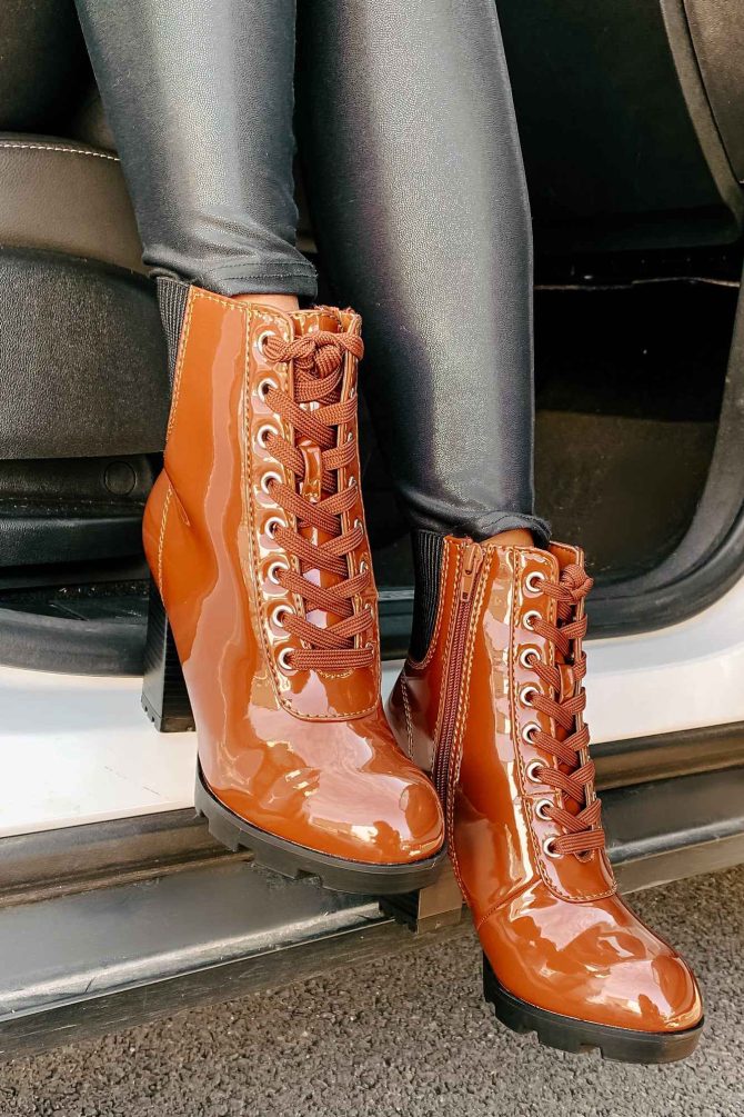 Every Advantage Patent Leather Lace-Up Booties (Cognac Patent) · NanaMacs - Image 4