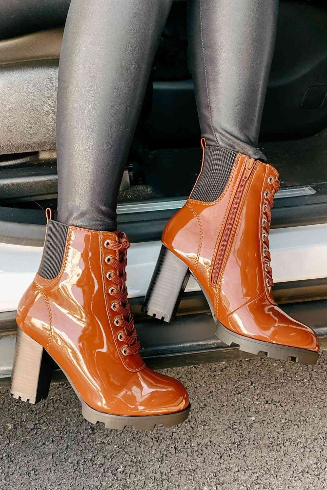 Every Advantage Patent Leather Lace-Up Booties (Cognac Patent) · NanaMacs - Image 3