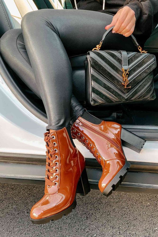 Every Advantage Patent Leather Lace-Up Booties (Cognac Patent) · NanaMacs