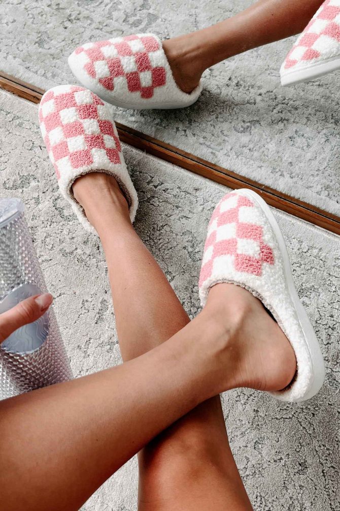 The Cozy Life Fuzzy Checker Slippers (Blush/Cream) · NanaMacs - Image 2