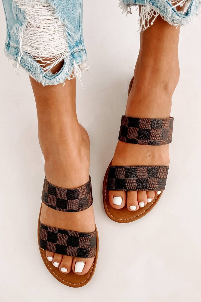 Trendy Traditions Checkered Print Double Strap Sandals (Brown) · NanaMacs - Image 2
