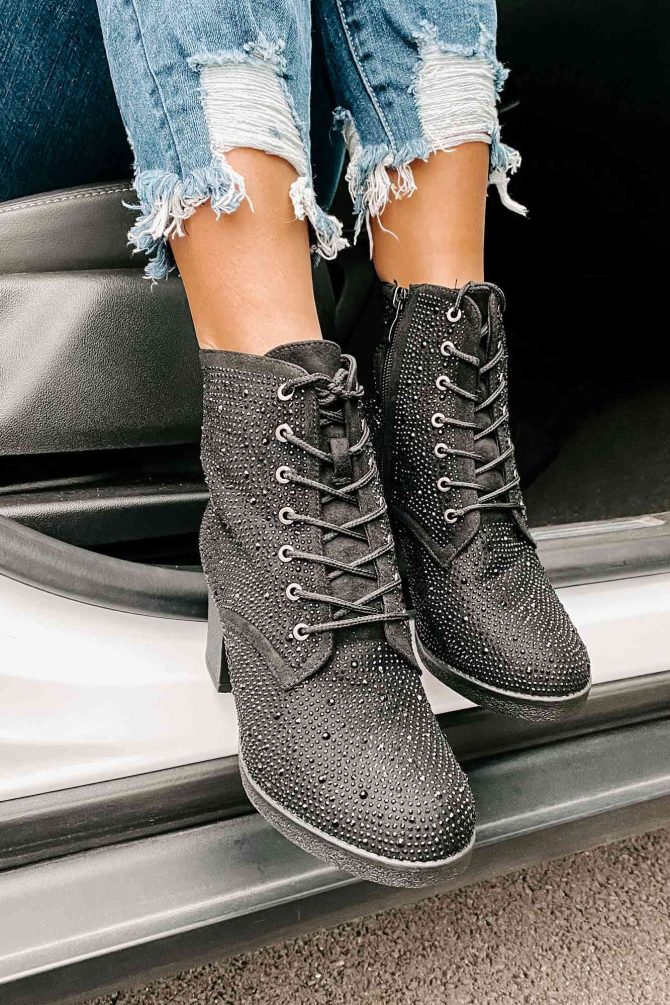 Born For This Lace-Up Rhinestone Booties (Black) · NanaMacs - Image 4