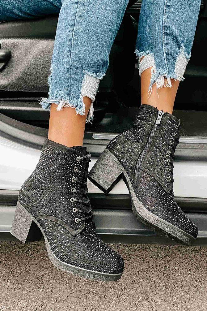 Born For This Lace-Up Rhinestone Booties (Black) · NanaMacs - Image 3